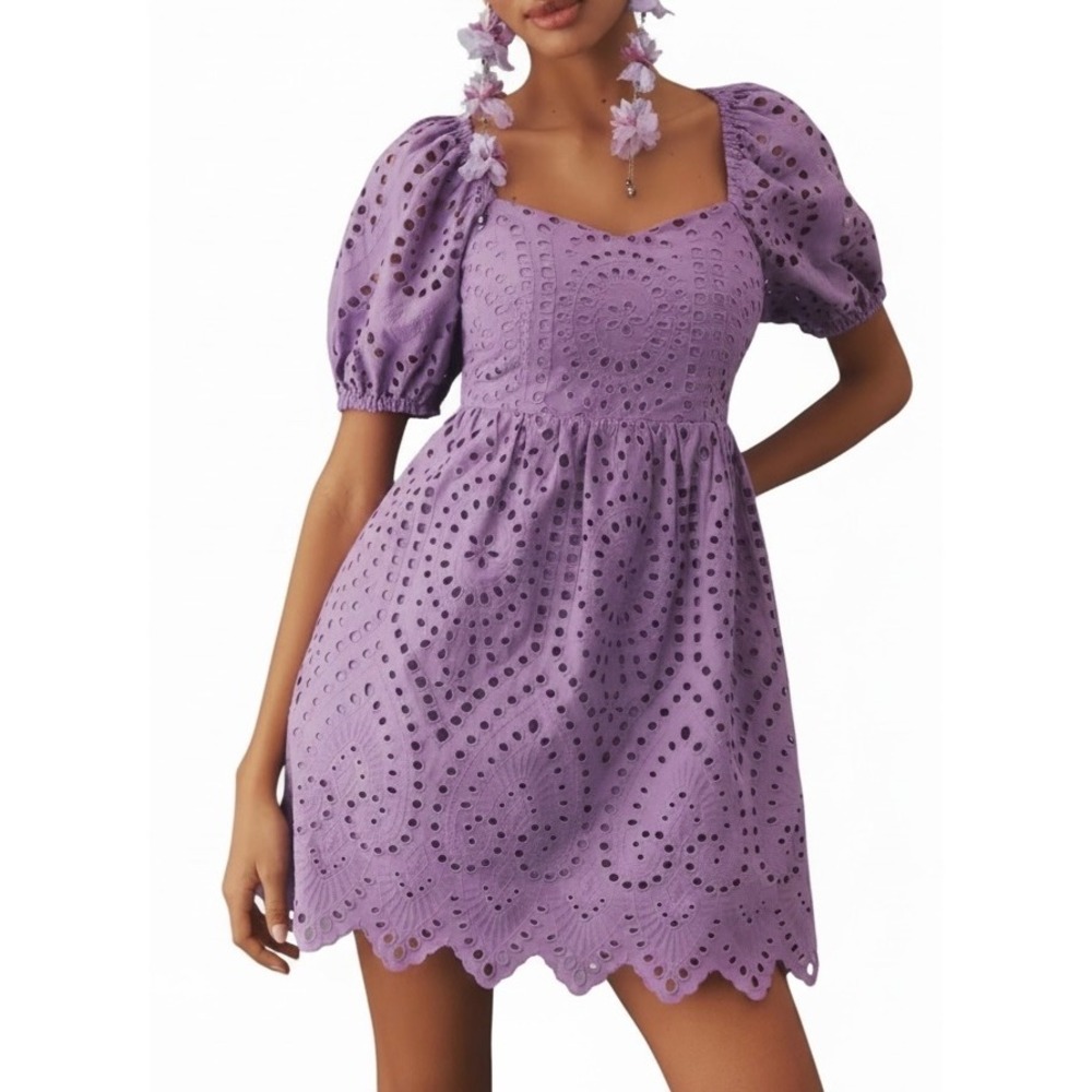 English Factory Purple Eyelet Scallop Mini Dress Puff Sleeve Smocked Back M